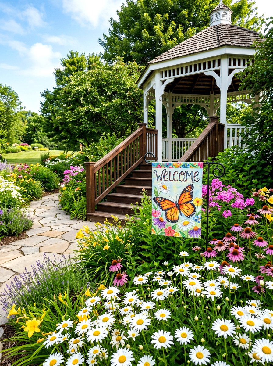 Colorful garden flags - 25 Spring Gazebo Decor Ideas
