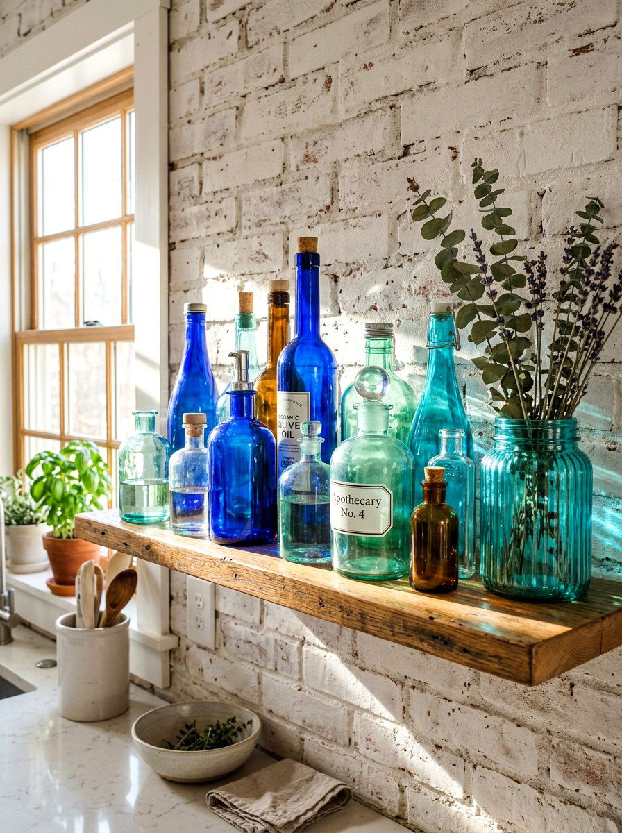 Colorful glass bottles - 25 Spring Kitchen Shelf Decor Ideas