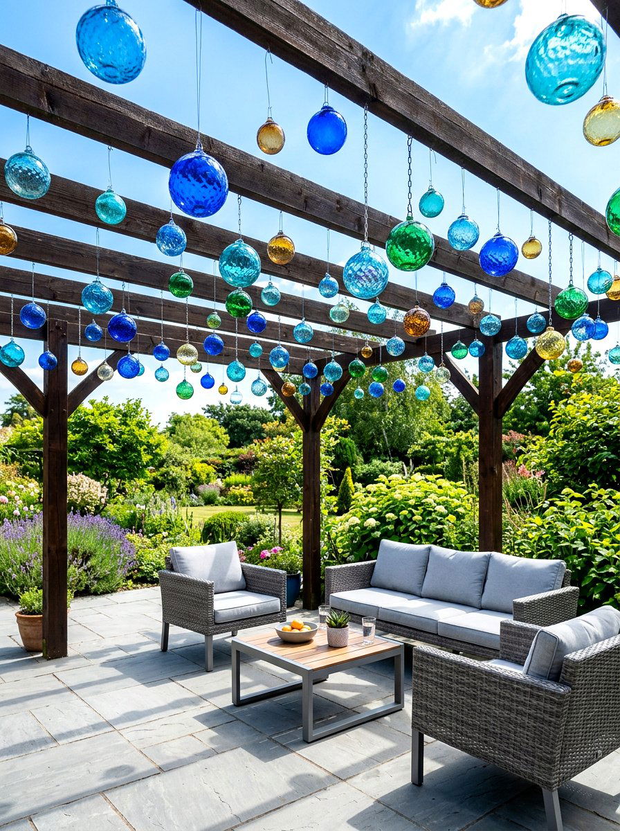 Colorful glass globes - 25 Spring Pergola Hanging Decor Ideas
