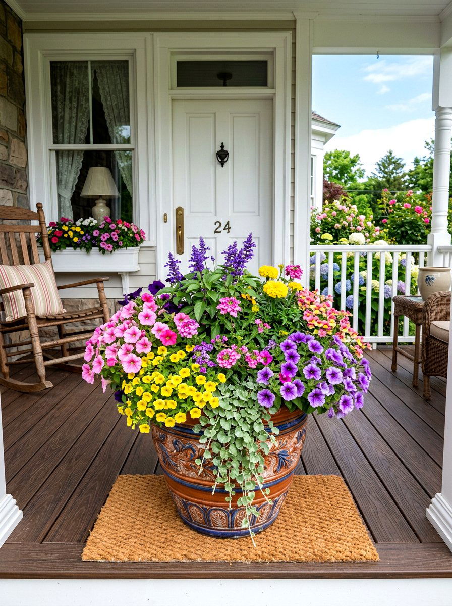 Colorful mixed annuals container - 25 Spring Planter Ideas for Front Porch