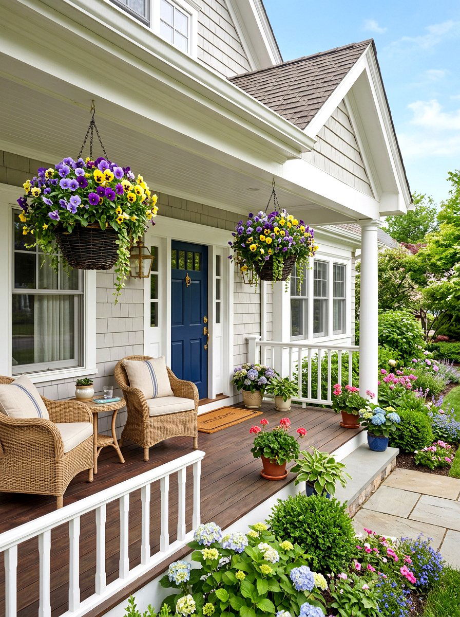 Colorful pansy porch baskets - 25 Spring Fresh Flower Ideas