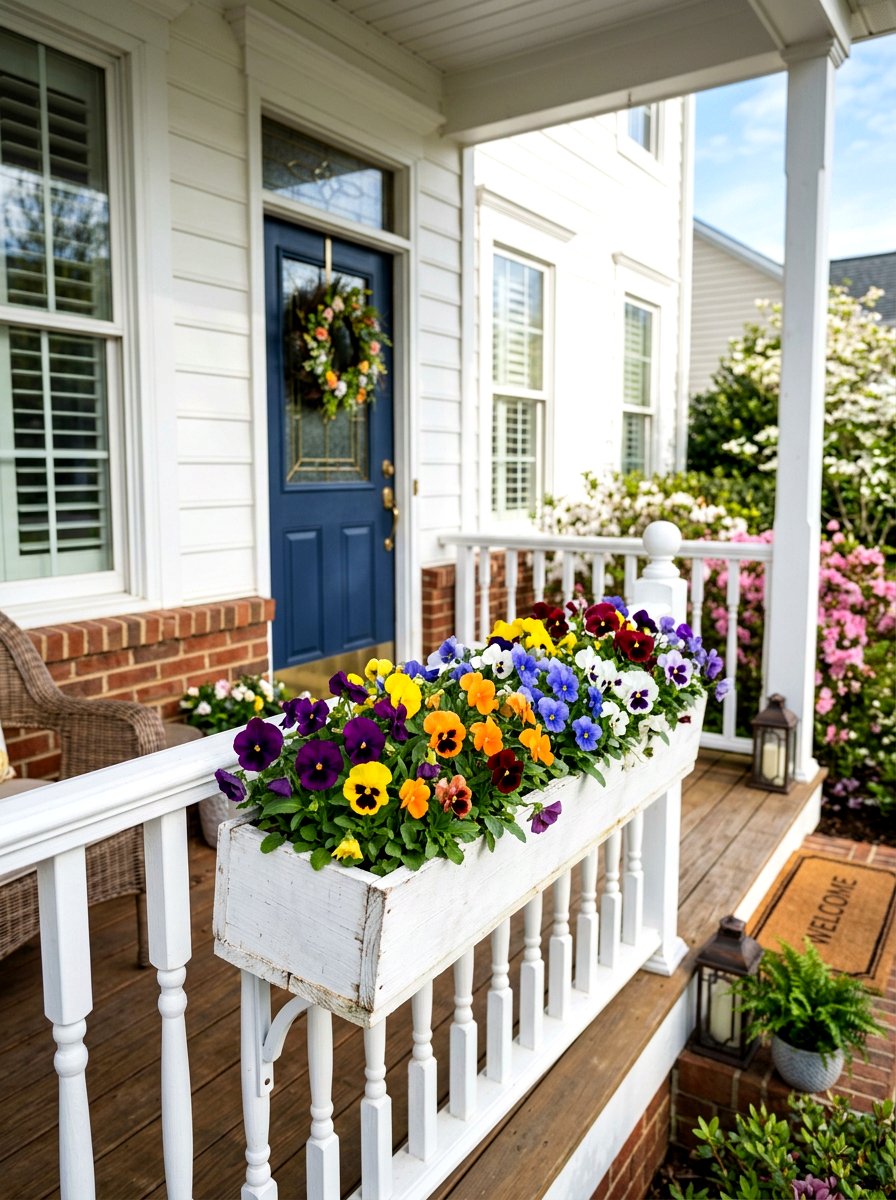 Colorful pansy railing box - 25 Spring Porch Railing Planter Ideas