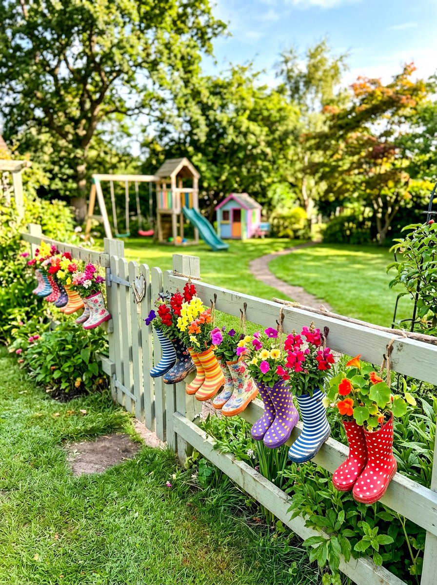 Colorful rubber boots - 25 Spring Cottage Fence Decor Ideas