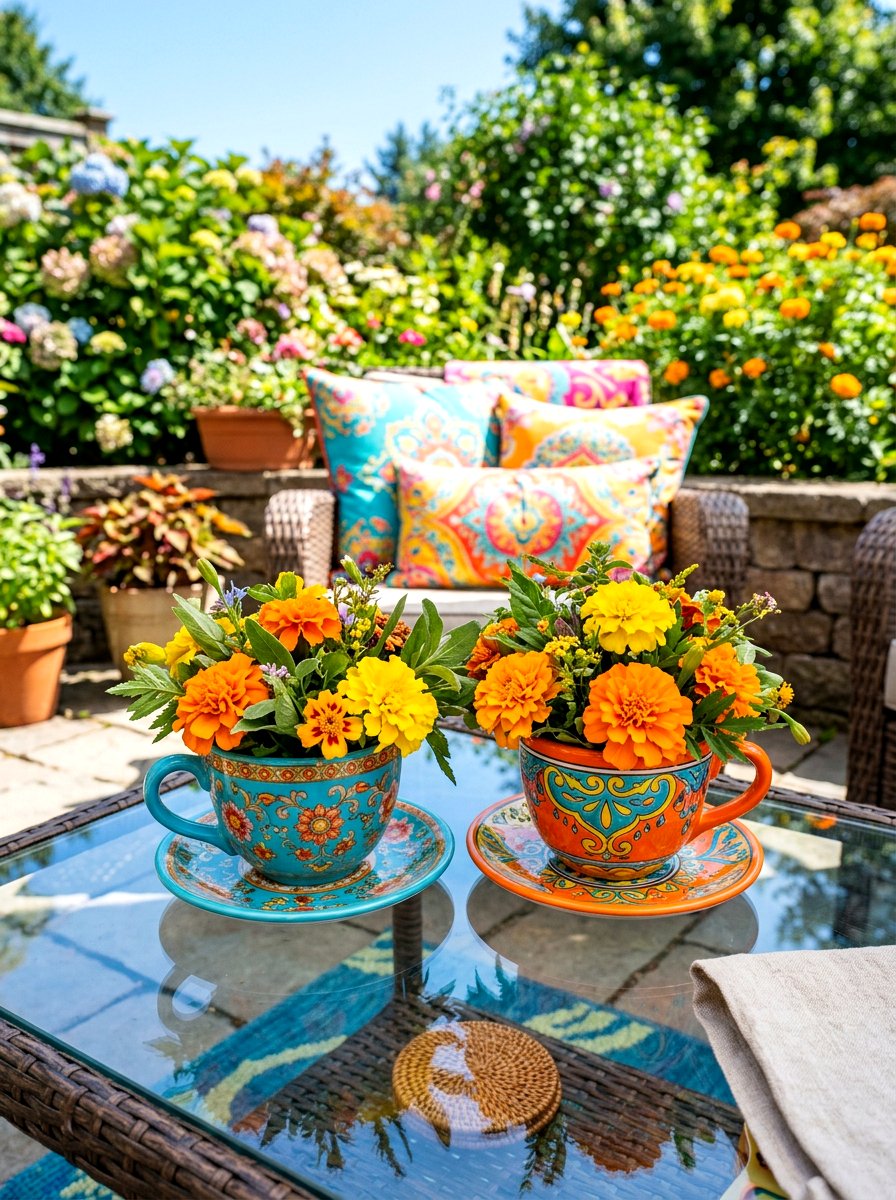 Colorful teacup patio centerpiece - 25 Spring Teacup Planter Ideas