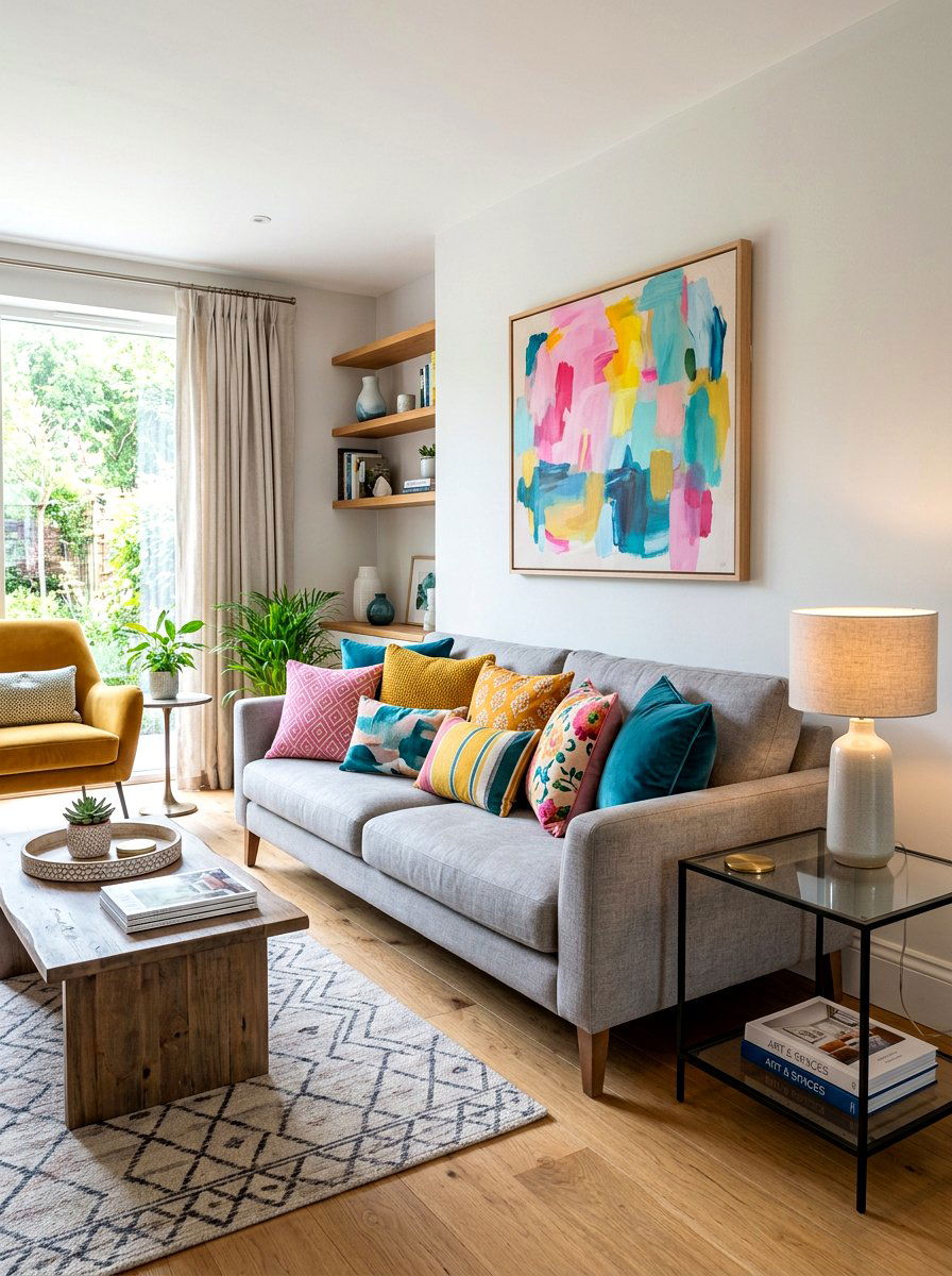 Colorful throw pillows - 25 Spring Vacation Rental Decor Ideas