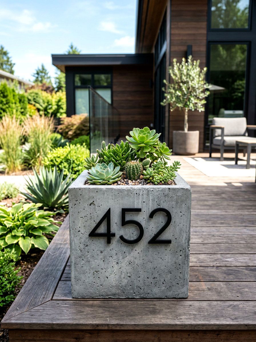 Concrete Address Planter - 25 Spring House Number Decor Ideas