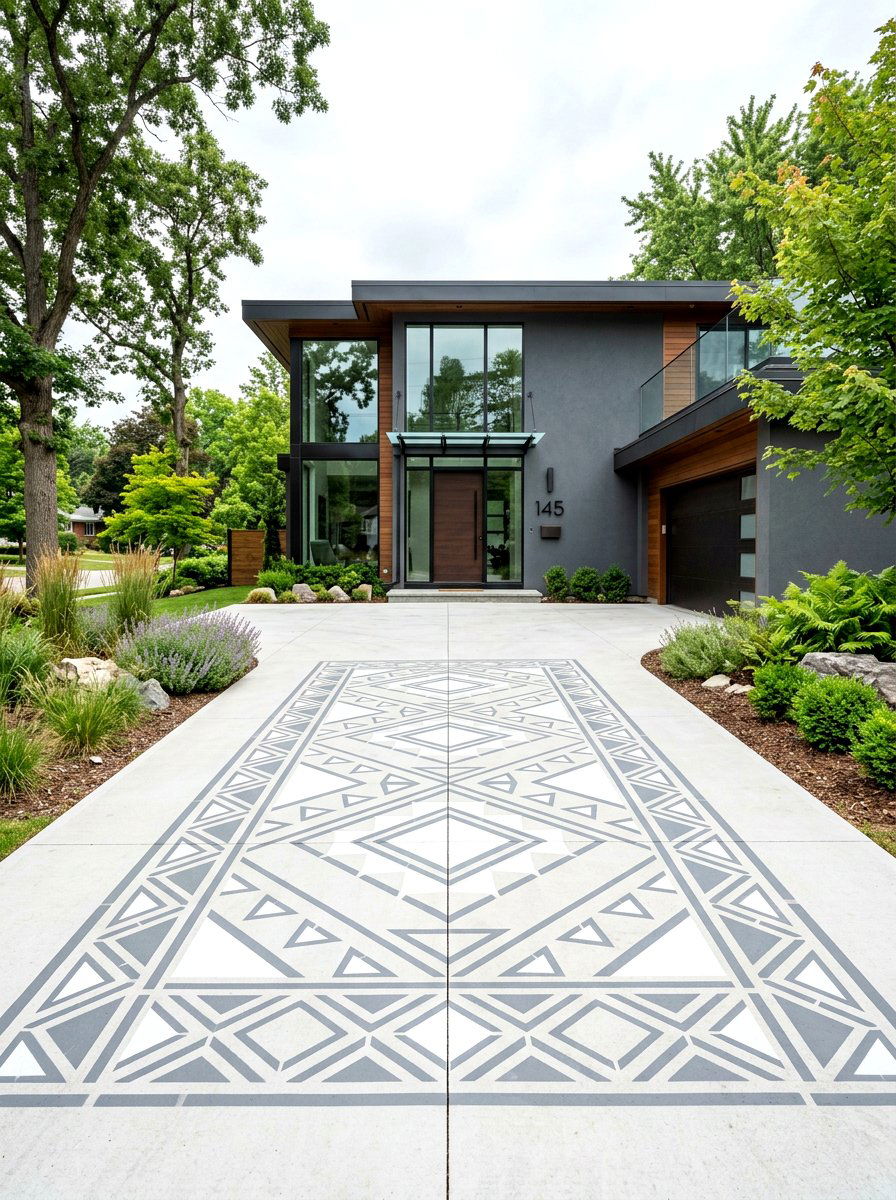 Concrete Driveway With Painted Stencil - 25 Spring Driveway Decor Ideas