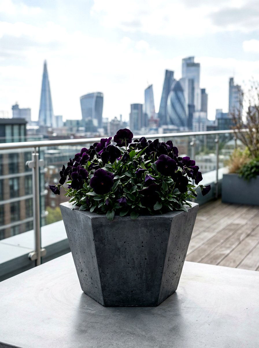 Concrete Planter With Dark Pansies - 25 Spring Pansy Planter Ideas