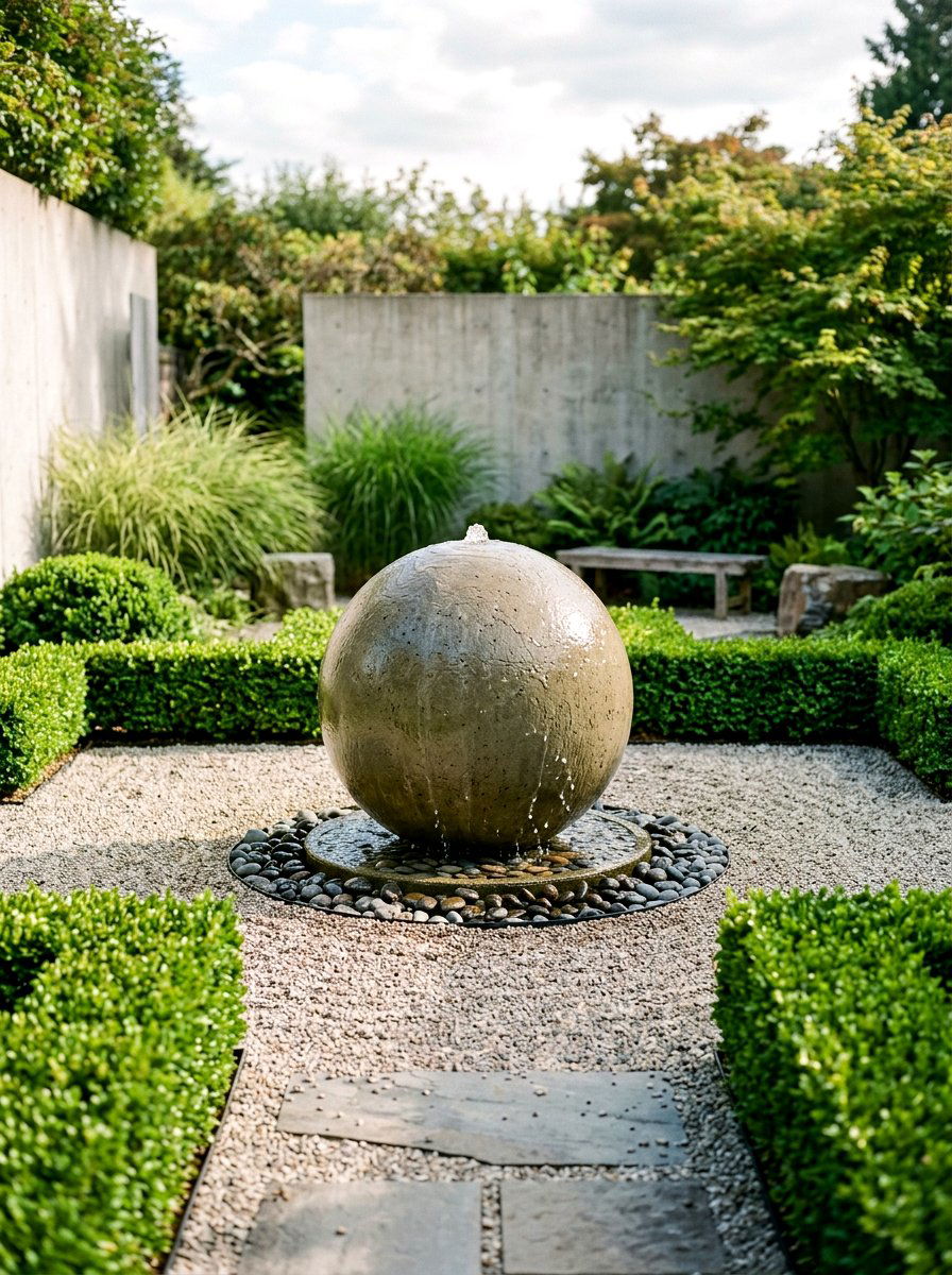 Concrete Sphere Fountain - 25 Spring Concrete Garden Decor Ideas