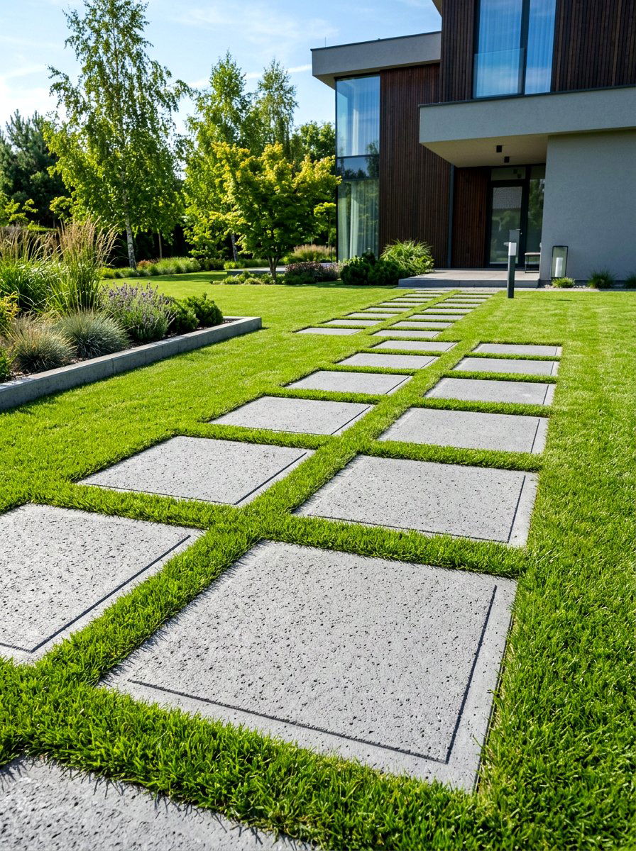 Concrete Step Path With Grass - 25 Spring Pathway Decor Ideas