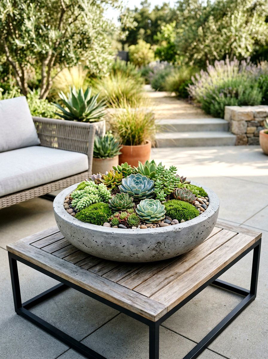 Concrete bowl planter - 25 Spring Planter Ideas for Front Porch