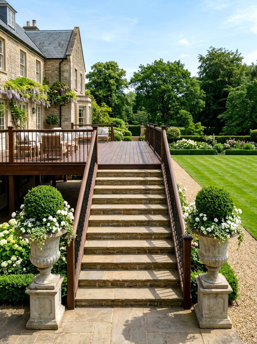 Concrete urns - 25 Spring Deck Staircase Decor Ideas