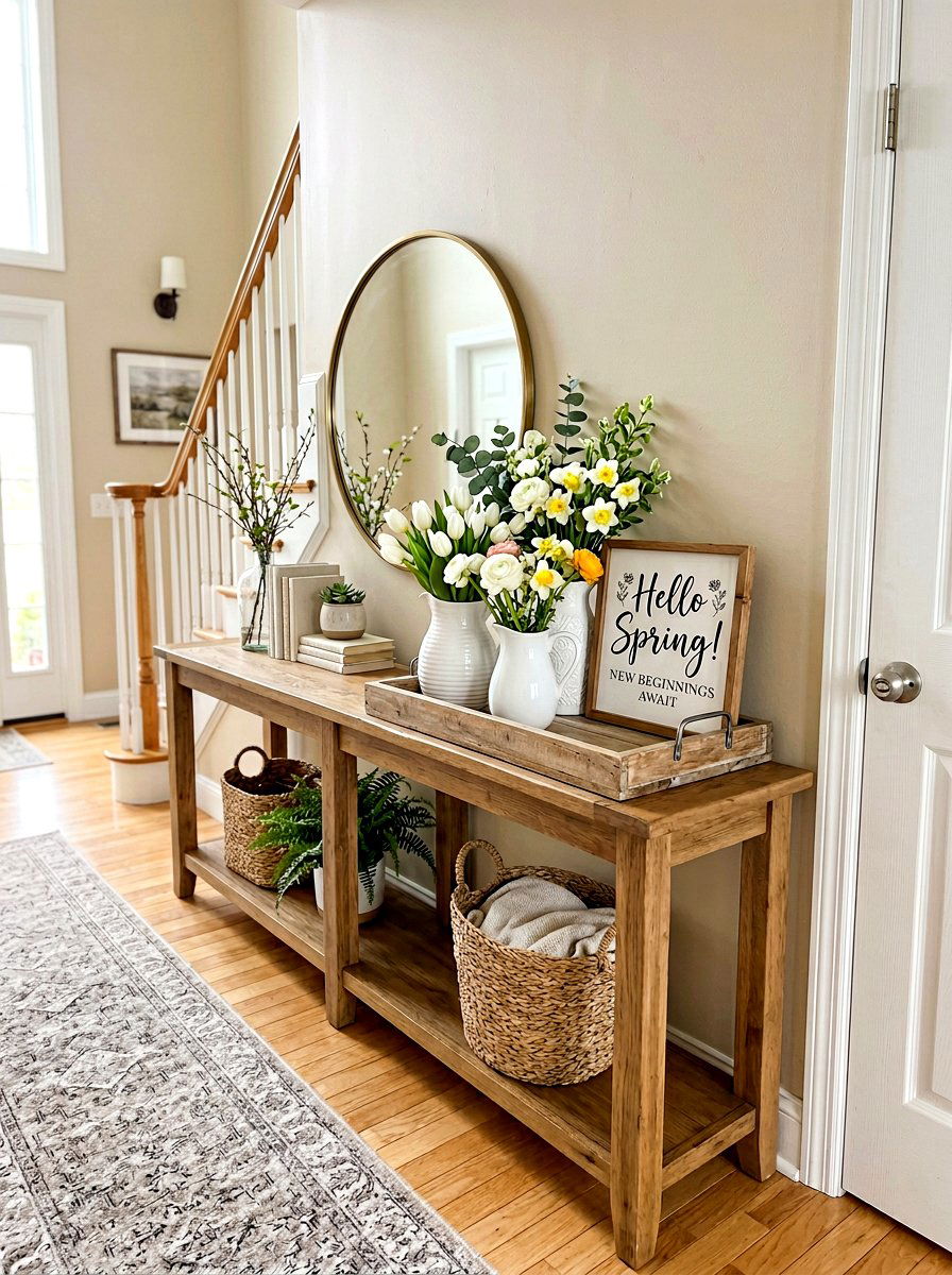 Console Table Spring Vignette - 25 Spring Wooden Tray Decor Ideas