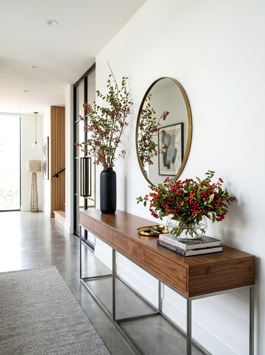 Console Table With Asymmetrical Berry Stems - 25 Spring Berry Branch Decor Ideas