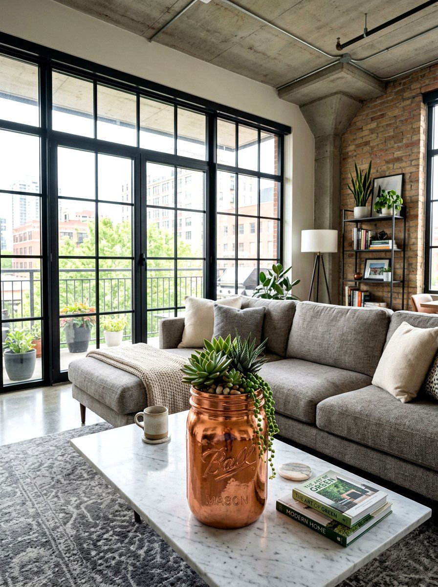 Copper Painted Mason Jar With Succulents - 25 Spring Mason Jar Flower Ideas