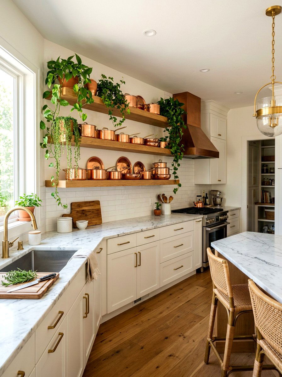 Copper Pot Shelf Styling - 25 Spring Floating Shelf Decor Ideas