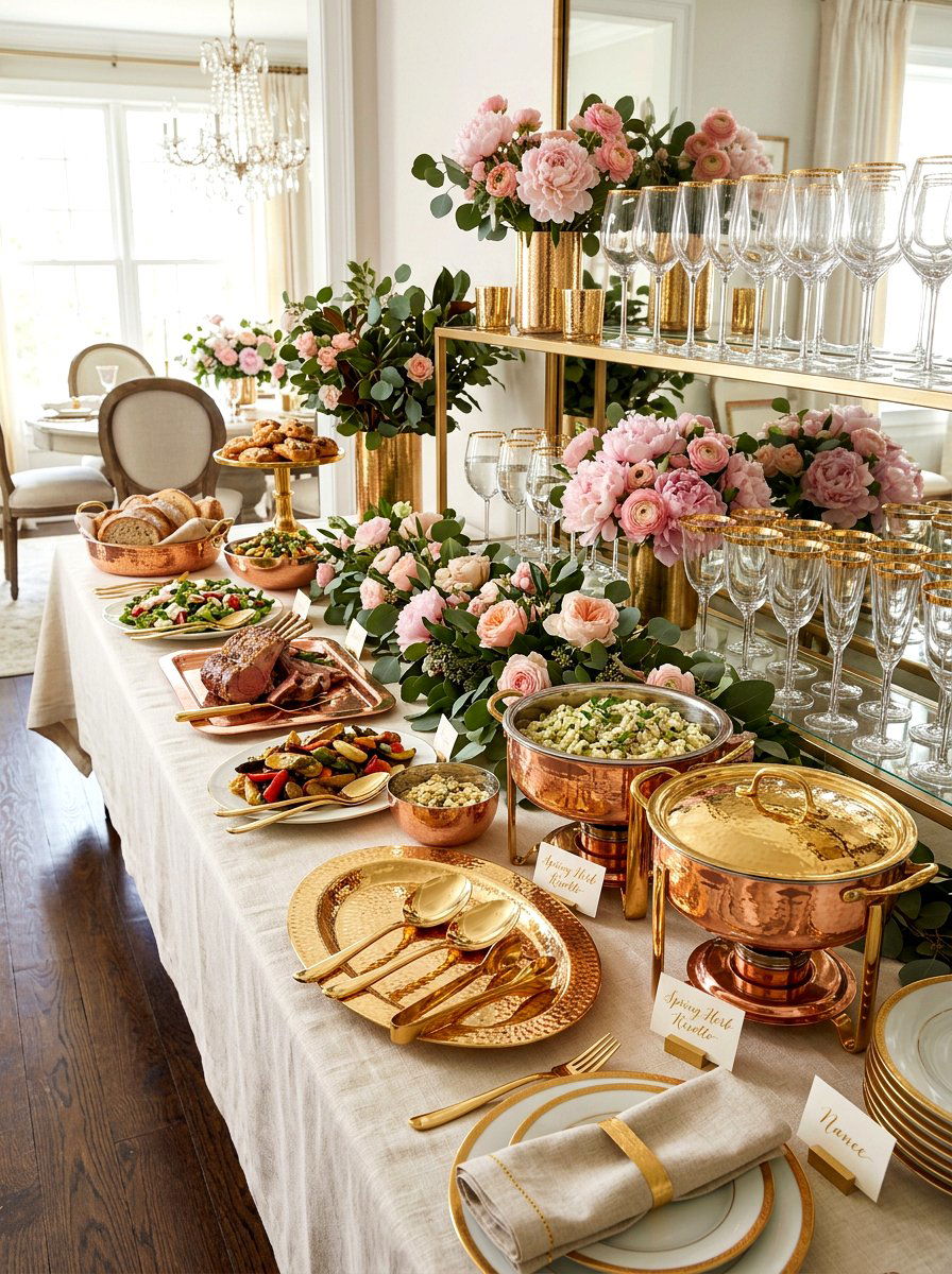 Copper and gold accents - 25 Spring Buffet Table Decor Ideas