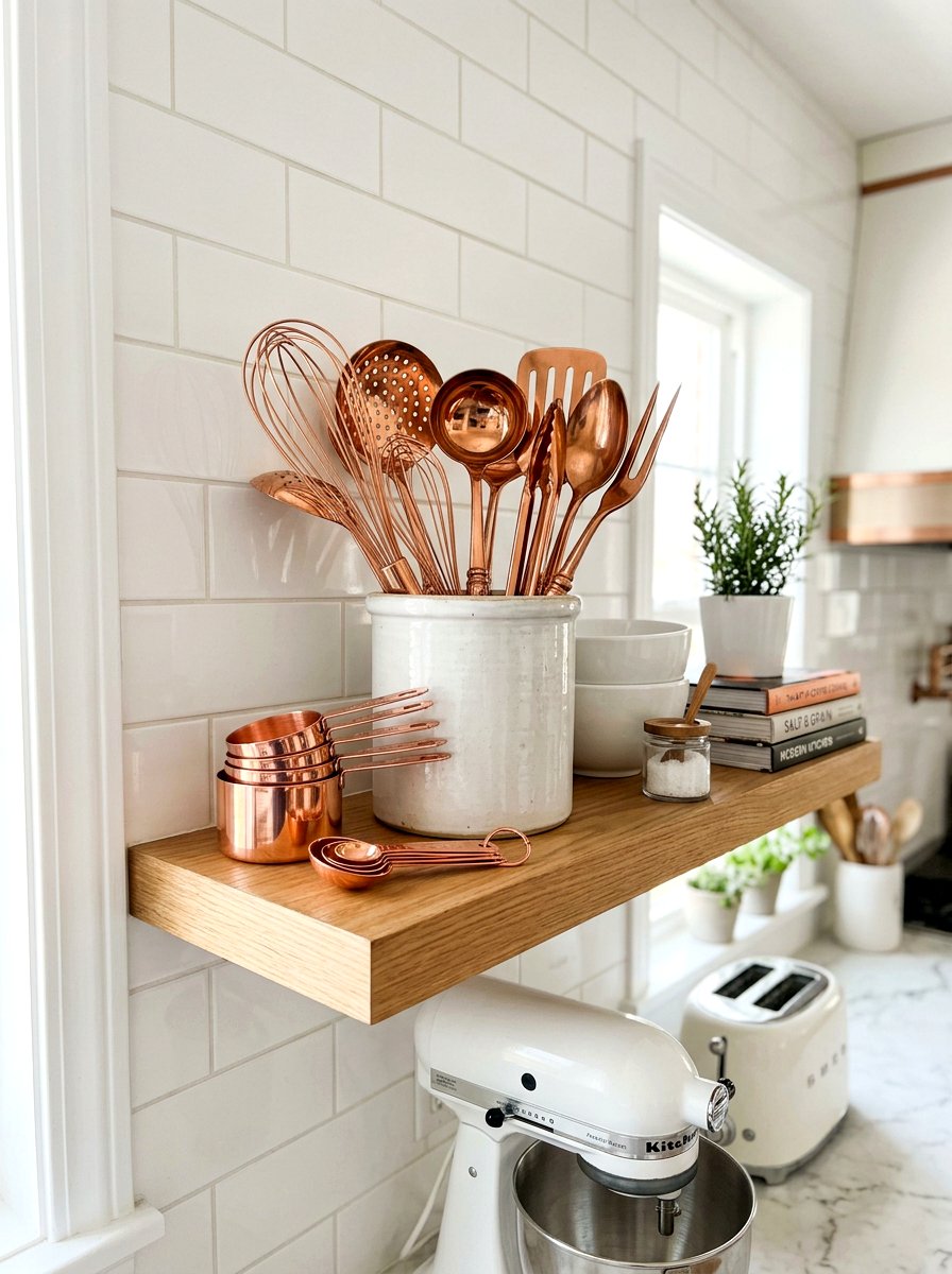 Copper kitchen utensils - 25 Spring Kitchen Shelf Decor Ideas