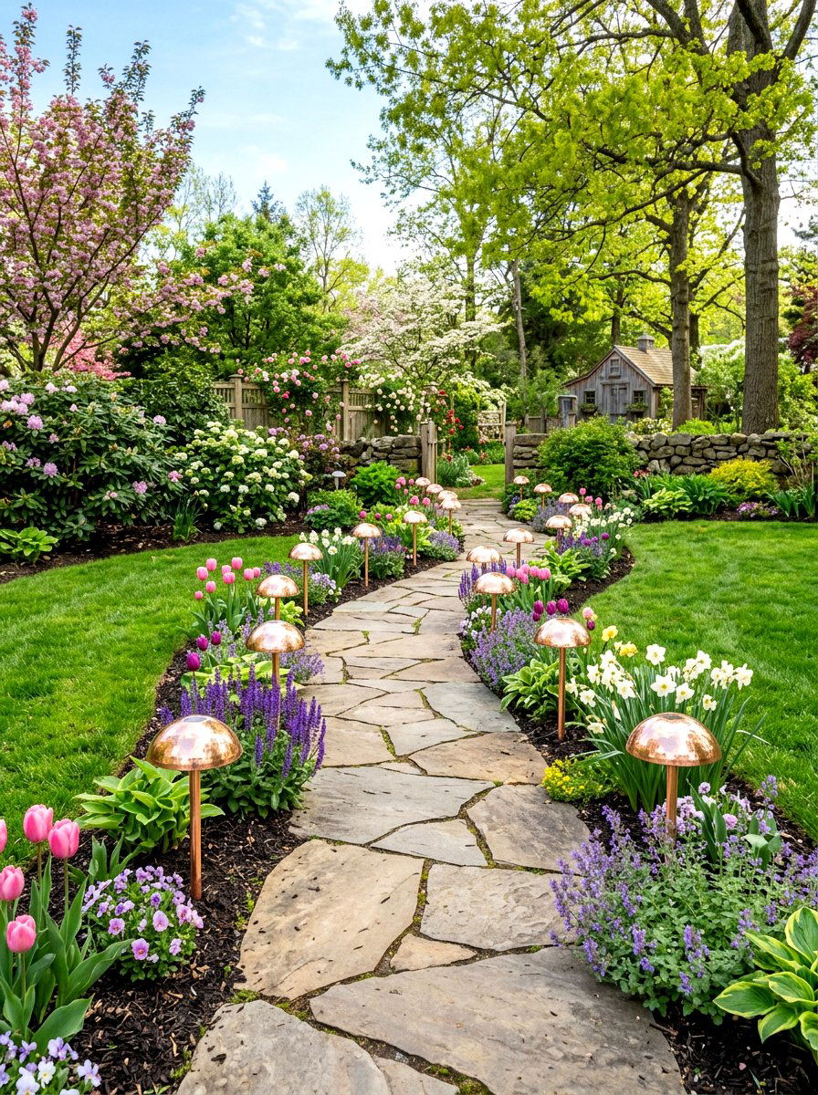 Copper mushroom solar lights pathway - 25 Spring Mushroom Decor Ideas