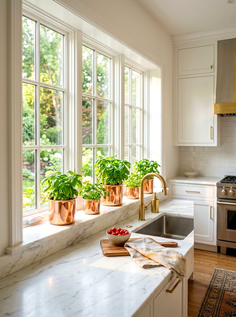 Copper pot windowsill garden - 25 Spring Kitchen Window Decor Ideas