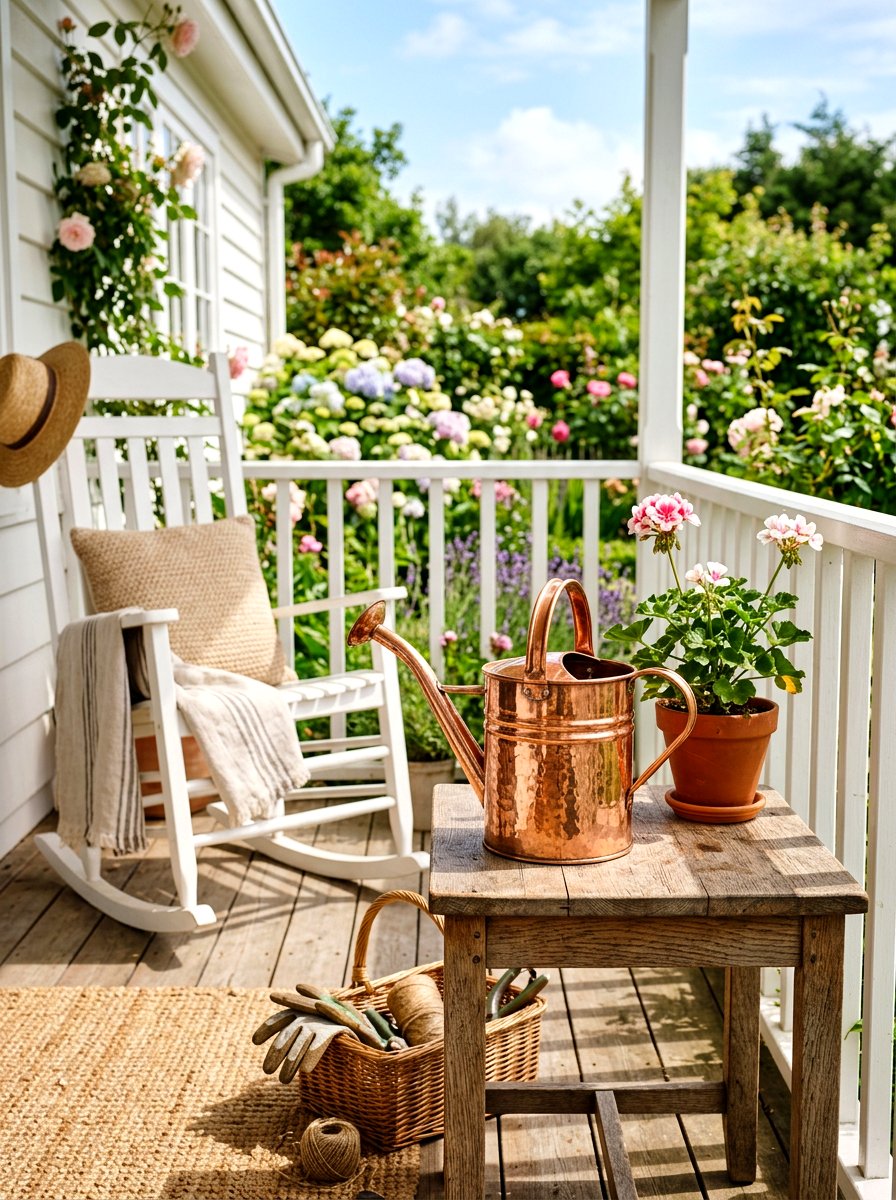 Copper watering can - 25 Outdoor Spring Decor Ideas for Front Porch
