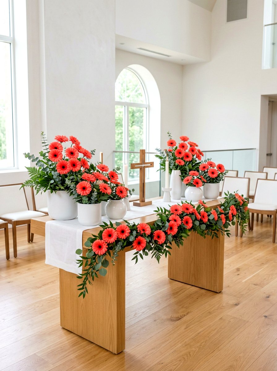 Coral Gerbera Daisy Altar - 25 Spring Altar Flower Ideas