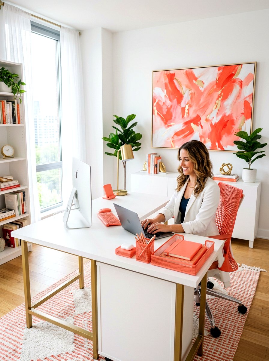 Coral Home Office Setup - 25 Spring Coral Decor Ideas