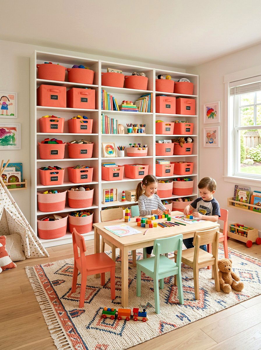 Coral Playroom Storage Wall - 25 Spring Coral Decor Ideas