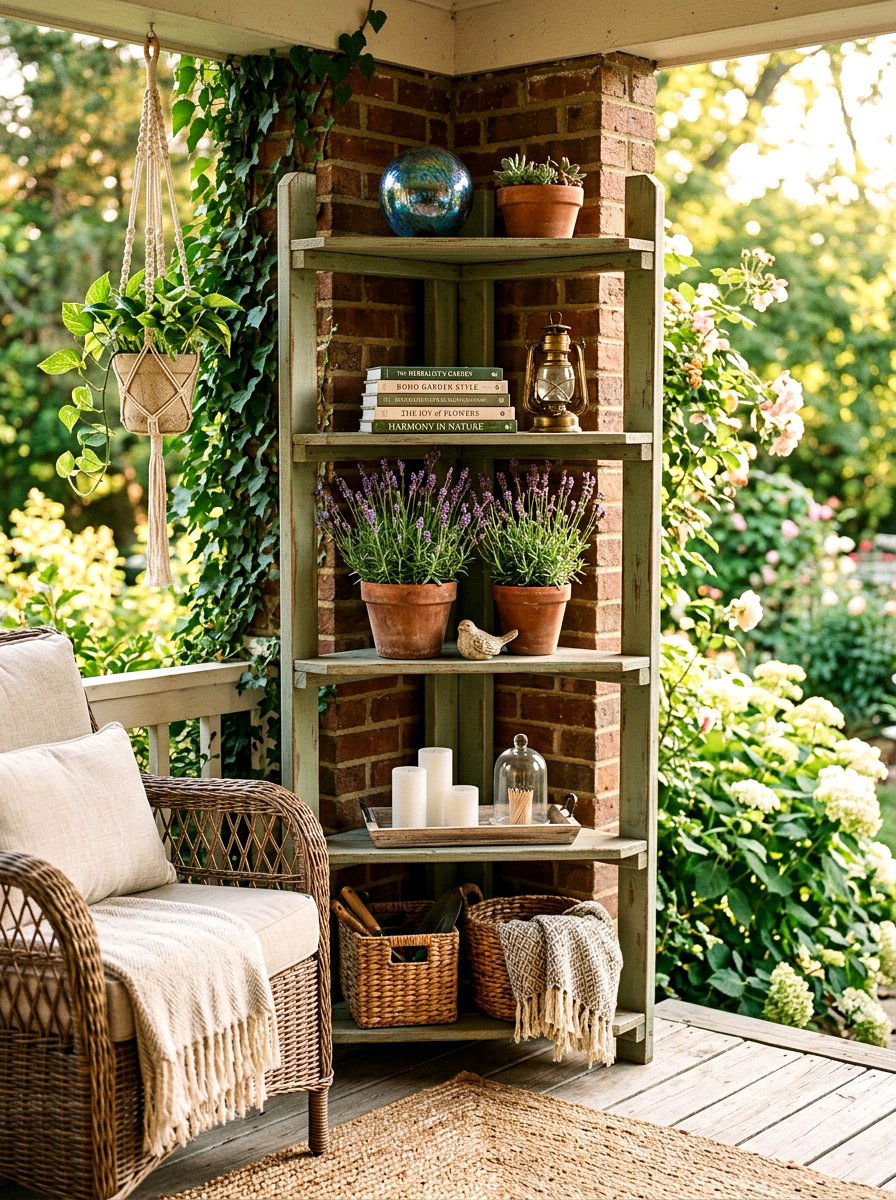 Corner Patio Shelving - 25 Spring Outdoor Shelf Decor Ideas