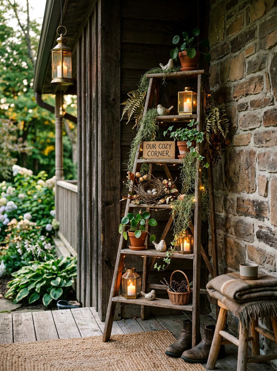 Corner ladder porch display - 25 Spring Outdoor Ladder Decor Ideas