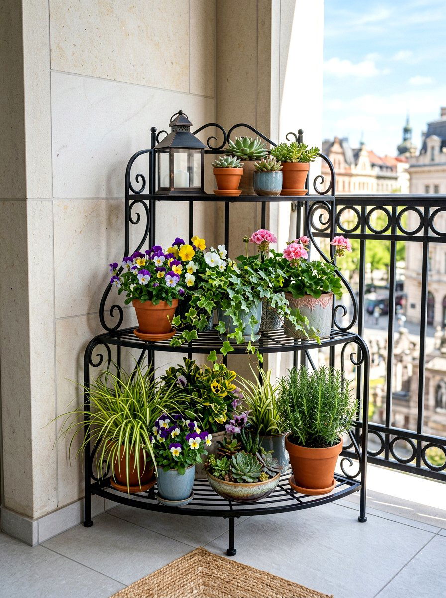 Corner plant stand - 25 Spring Balcony Planter Ideas