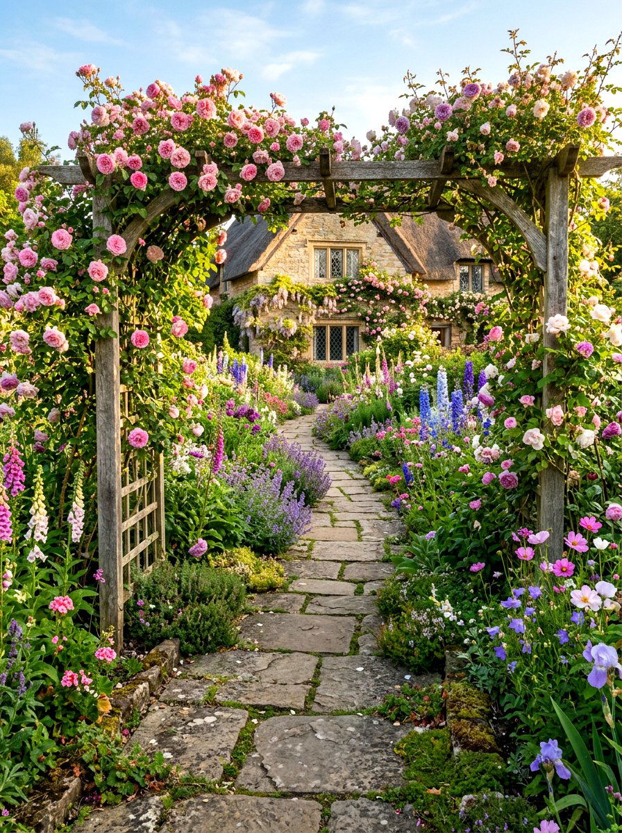 Cottage Garden Path With Roses - 25 Spring Pathway Decor Ideas