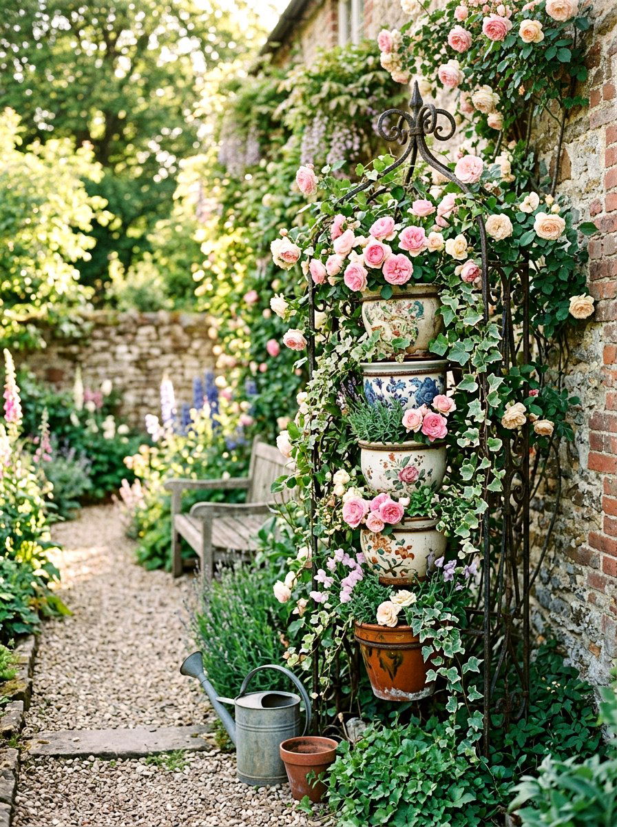 Cottagecore Floral Pot Stack - 25 Spring Clay Pot Stack Ideas