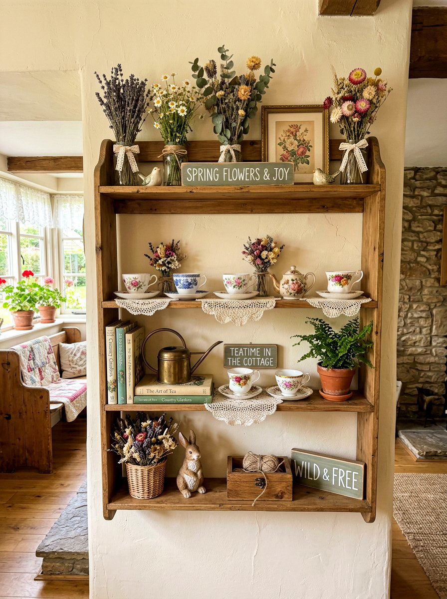 Cottagecore Spring Shelf - 25 Spring Shelf Vignette Ideas