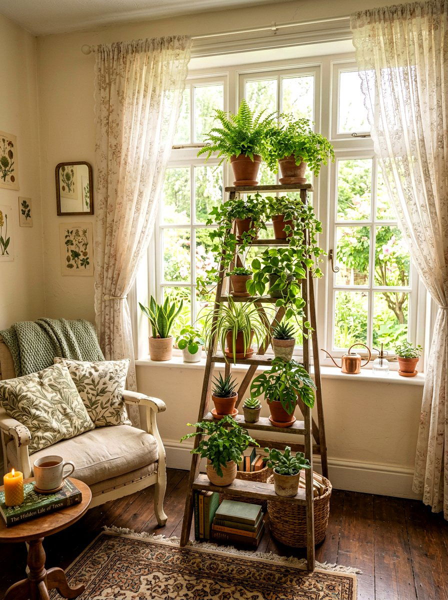 Cottagecore Window Plant Display - 25 Spring Ladder Decor Ideas