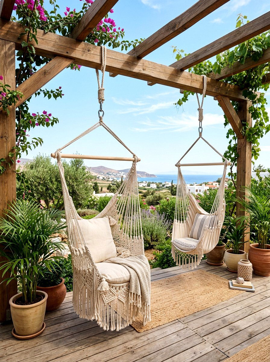 Cotton rope swings - 25 Spring Pergola Hanging Decor Ideas