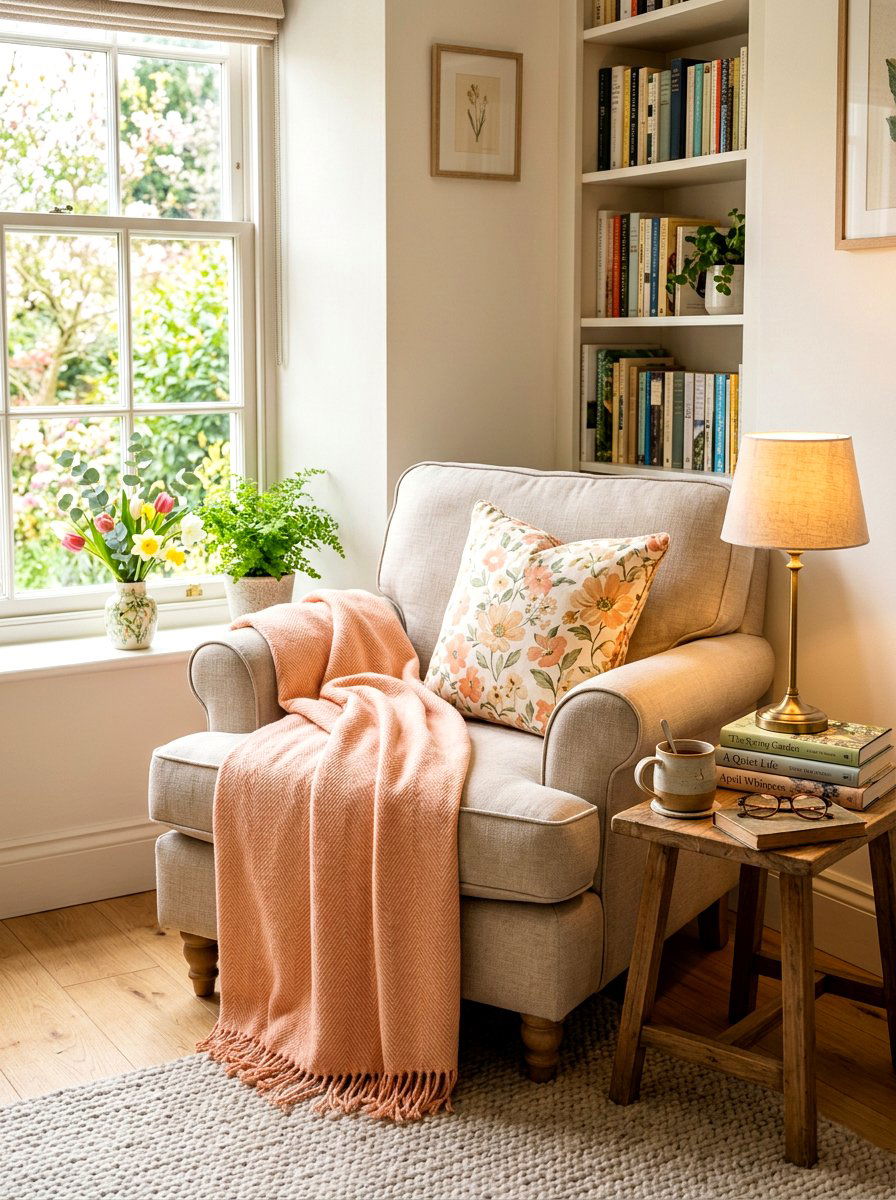 Cozy reading nook with spring throw - 25 Spring Library Decor Ideas
