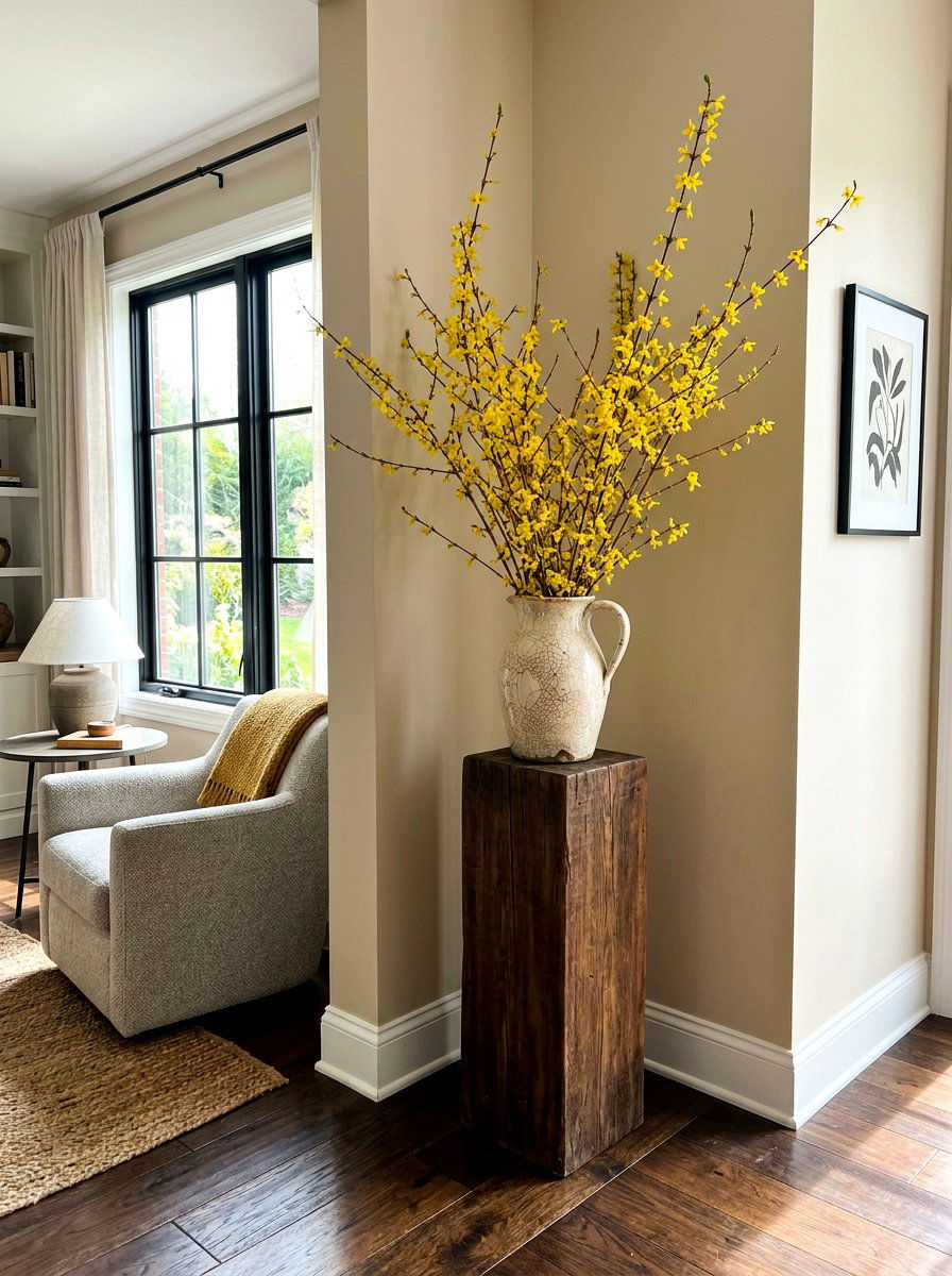 Cracked Glaze Pitcher with Forsythia - 25 Spring Pitcher Flower Ideas