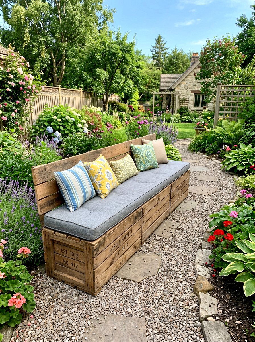 Crate Bench With Cushions - 25 Spring Outdoor Crate Display Ideas