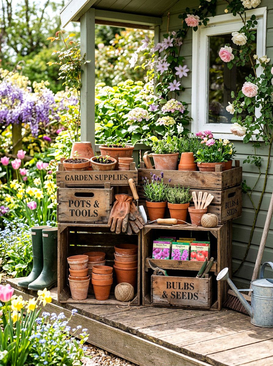 Crate Garden Storage - 25 Spring Wooden Garden Decor Ideas