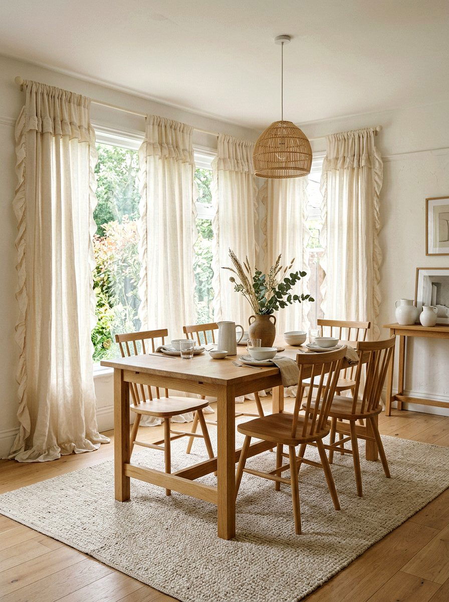 Cream Ruffled Linen Curtain - 25 Spring Dining Room Curtain Ideas