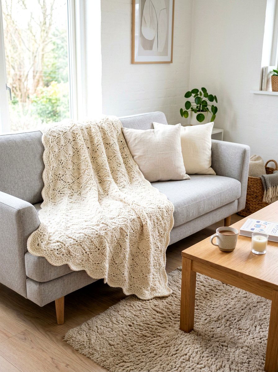 Cream Shell Stitch Blanket - 25 Spring Crochet Throw Ideas