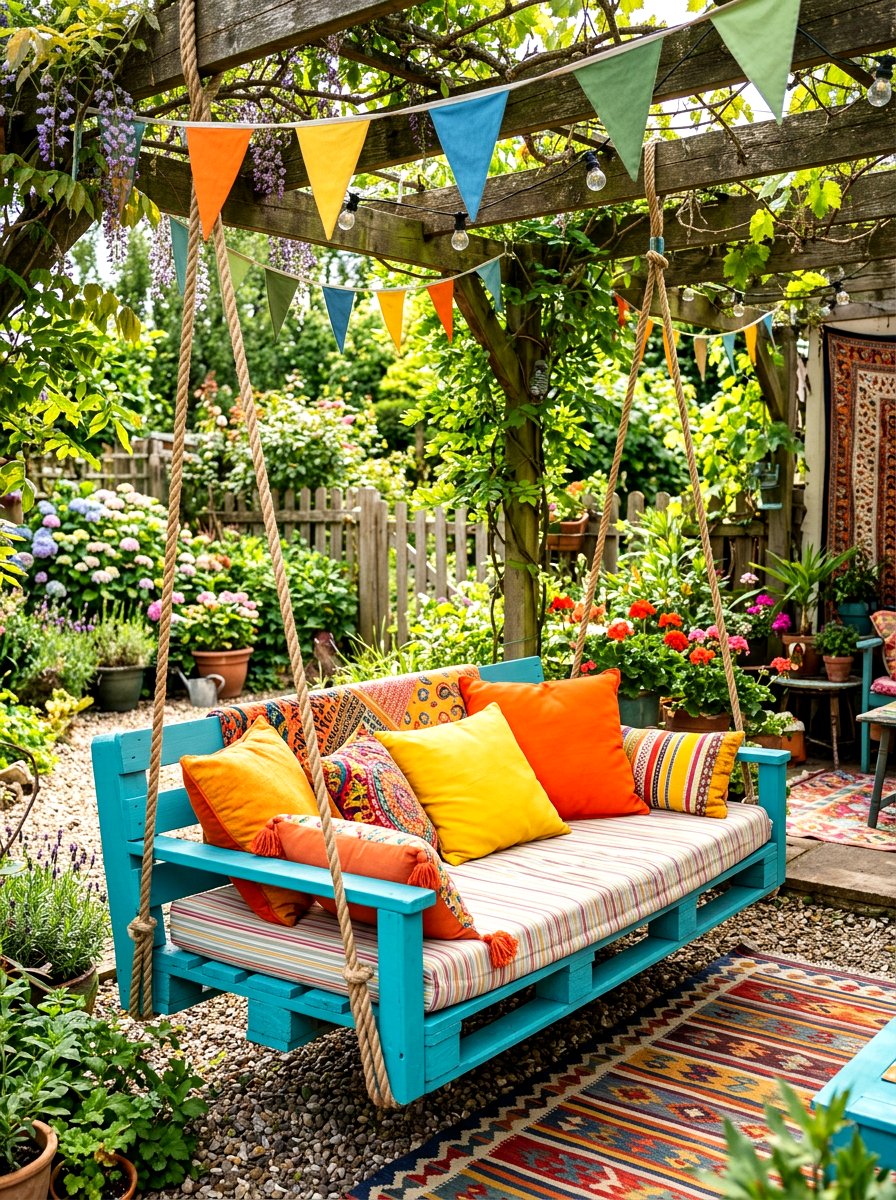 DIY Pallet Swing Colorful Pillows - 25 Spring Garden Swing Decor Ideas