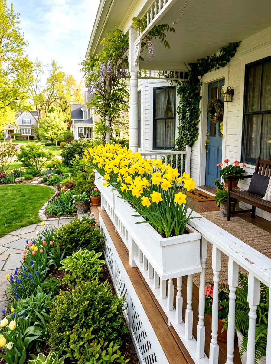 Daffodil Flower Box - 25 Spring Front Yard Planter Ideas