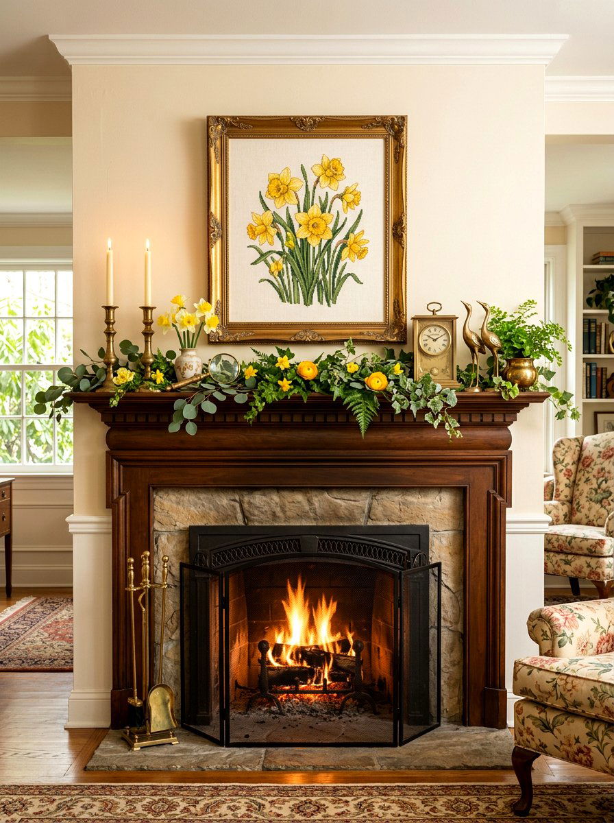 Daffodil Mantel Display - 25 Spring Cross Stitch Decor Ideas