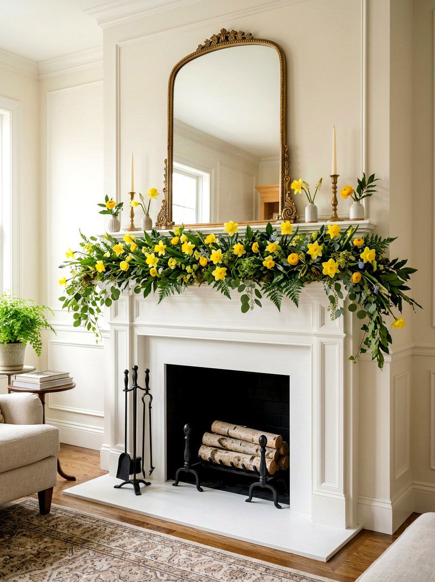 Daffodil Mantel Garland - 25 Spring Daffodil Arrangement Ideas