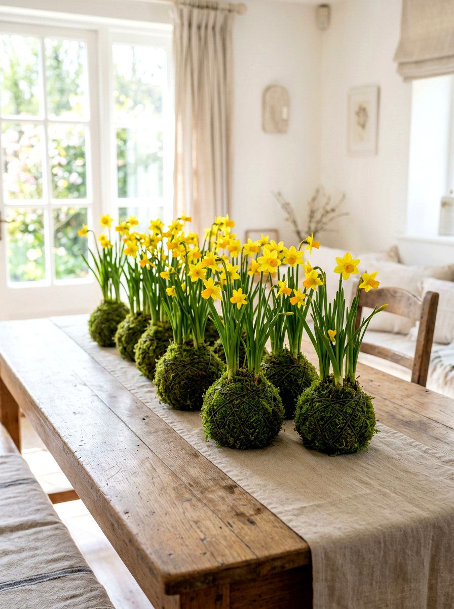 Daffodil Moss Ball Centerpiece - 25 Spring Kokedama Ideas