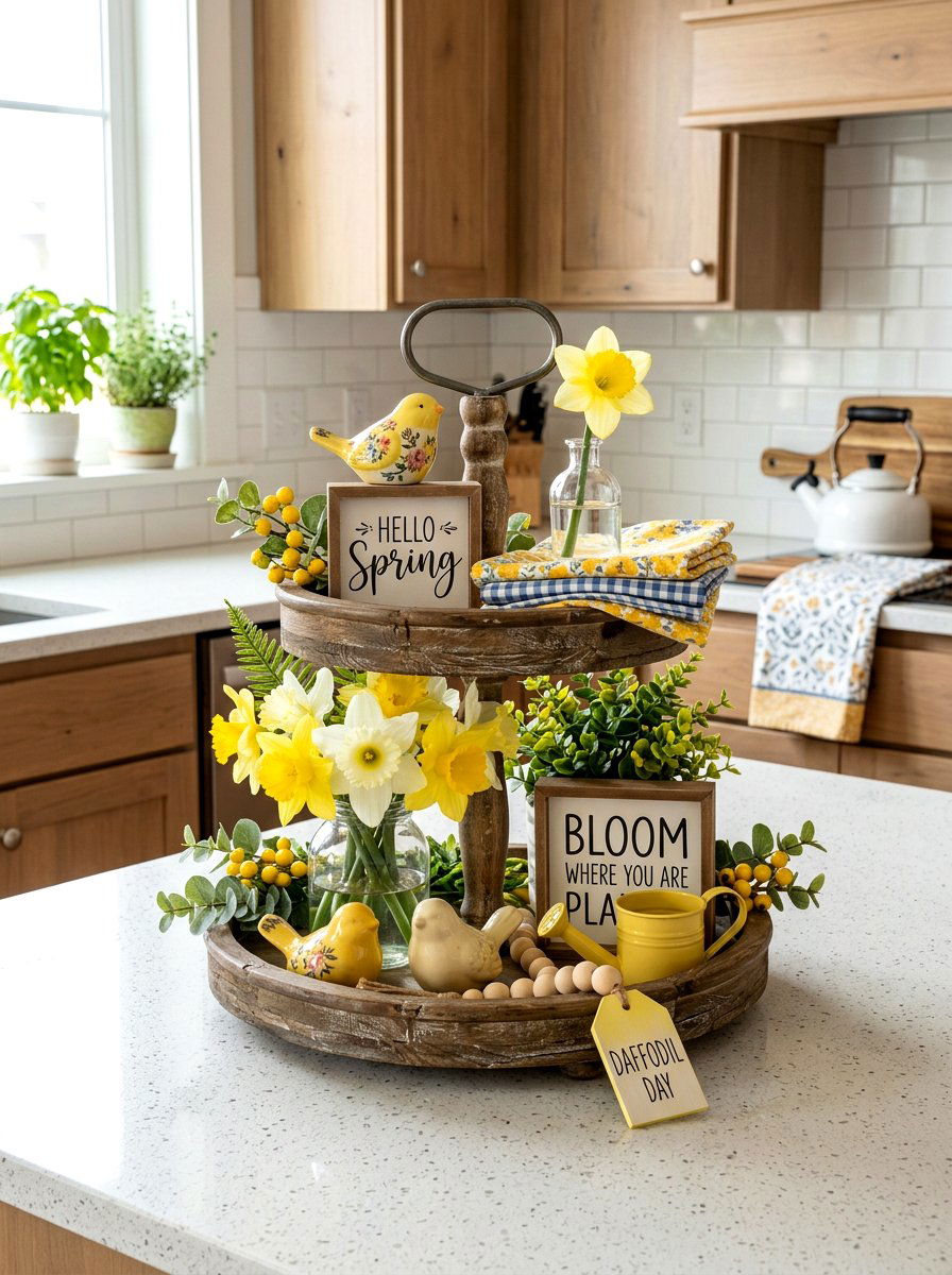 Daffodil Tiered Tray - 25 Spring Daffodil Arrangement Ideas