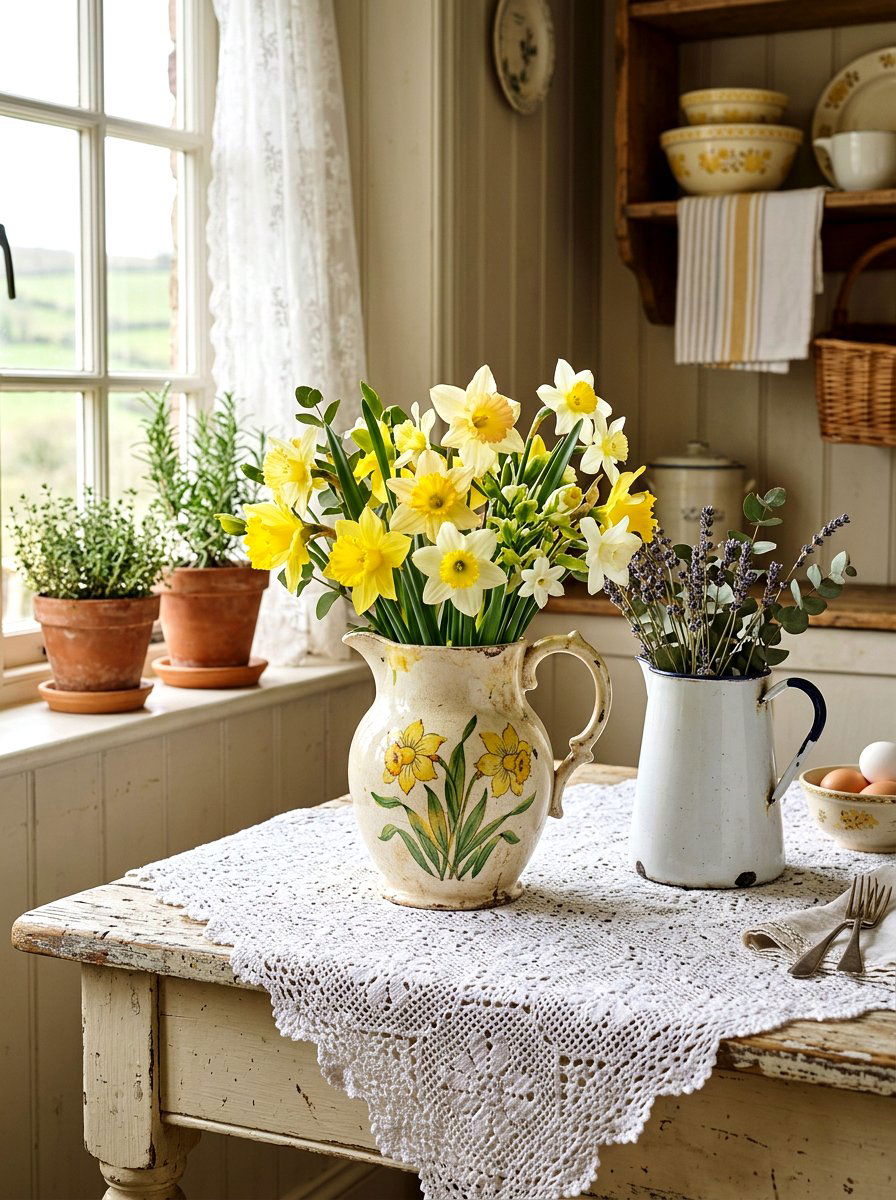 Daffodil Vintage Pitcher - 25 Spring Daffodil Arrangement Ideas