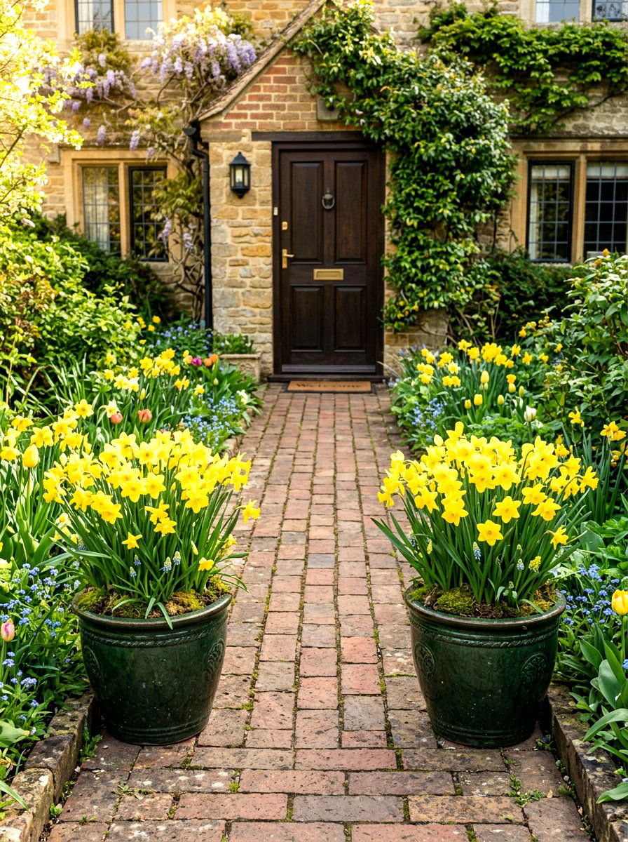 Daffodil entry way planters - 25 Spring Porch Flower Pot Ideas